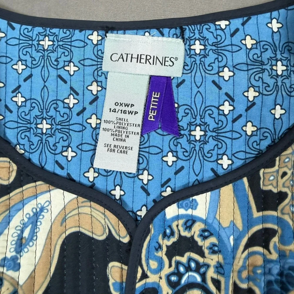 Catherines Petite Paisley Quilted Open Front Jacket Blue Tan 0XWP‎ 14/16WP